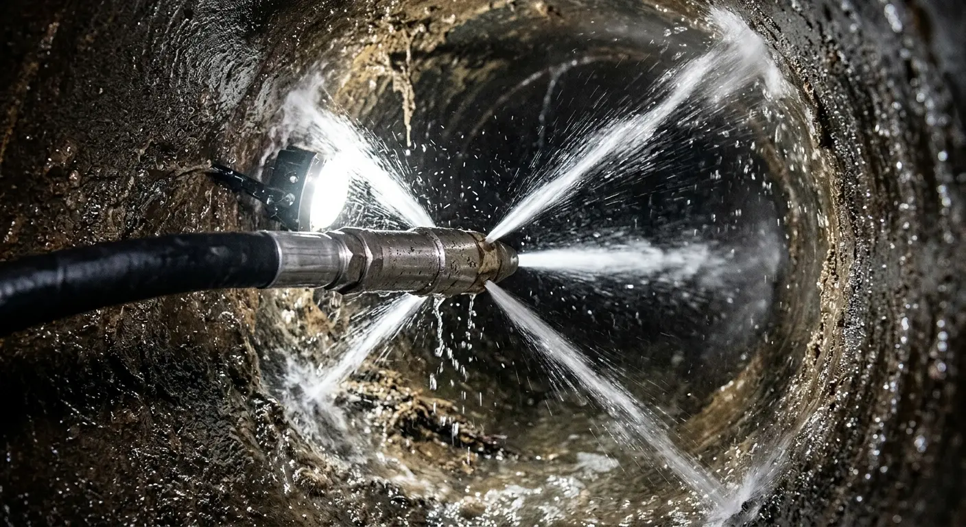 High-pressure hydro jetting nozzle cleaning sewer pipe for Trenchless Sewer Repair in Randallstown