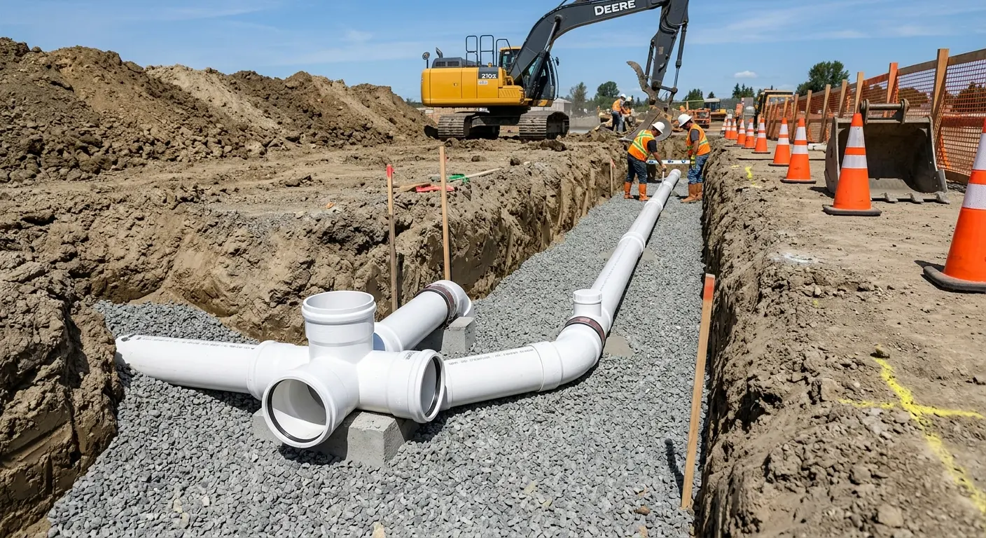 New PVC sewer pipe installation in open trench for Commercial Drain Cleaning in Randallstown