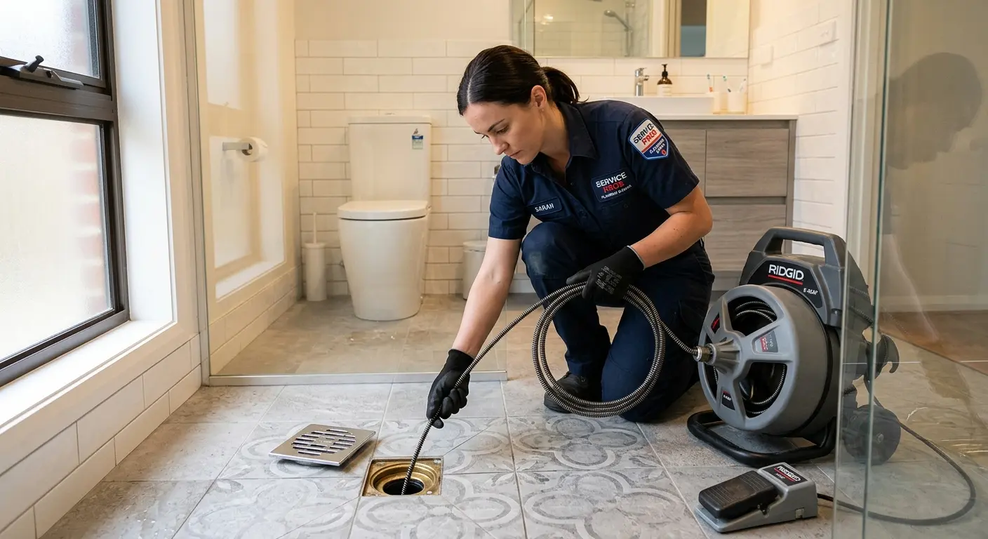 Technician clearing a bathroom floor drain for Drain Cleaning in Randallstown